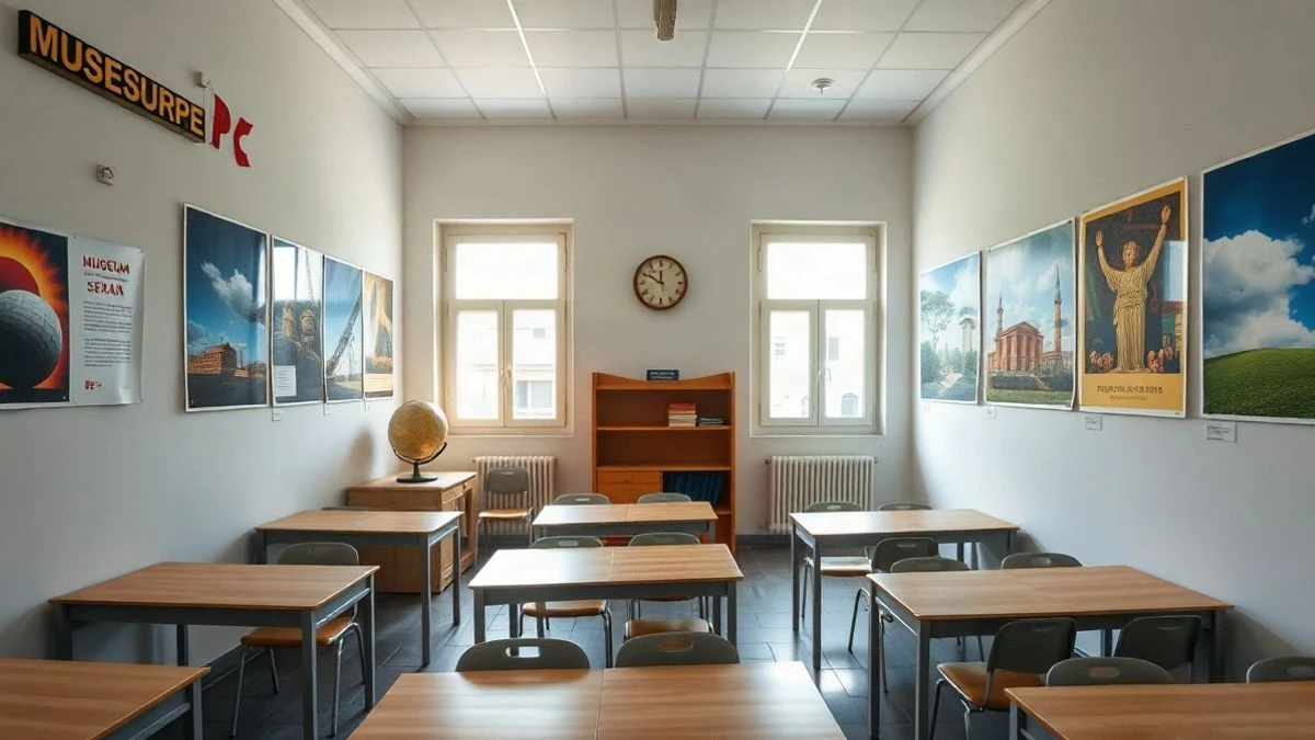 Imagen ilustrativa: aula escolar con carteles de museo y material educativo, sin personas.