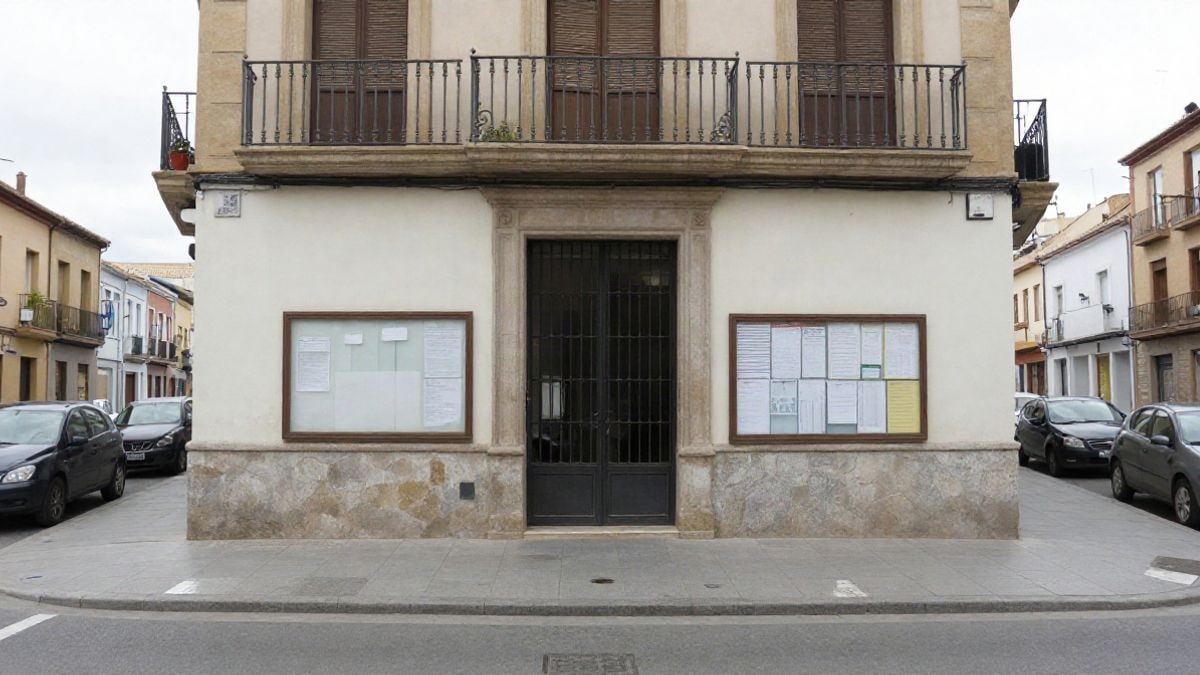 Illustrative image: facade of a municipal building with a notice board at the entrance