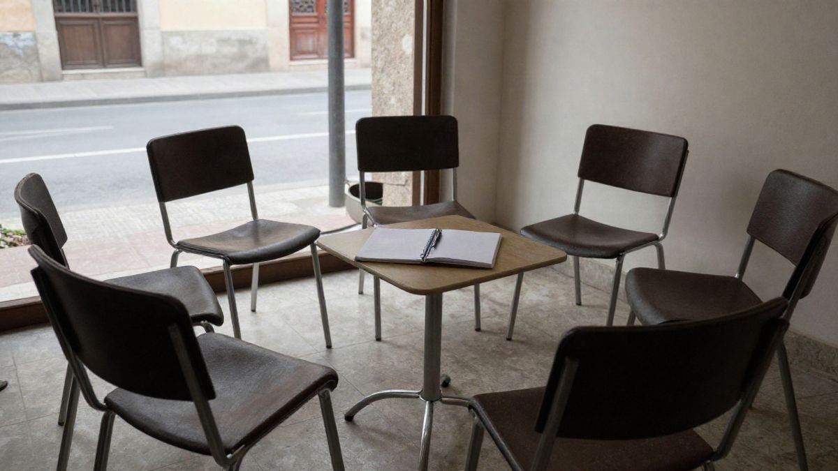 Imagen ilustrativa: sala con sillas vacías en círculo y una mesa con cuaderno, luz natural suave