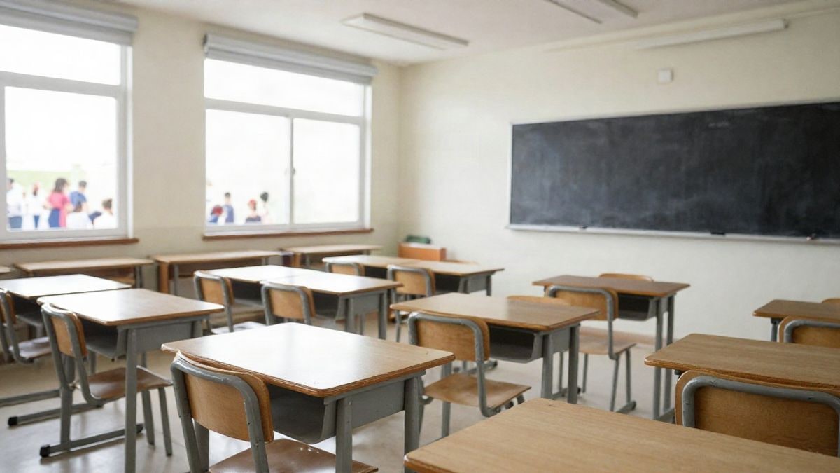 Illustrative image: empty school classroom with desks and air conditioning units on the ceiling