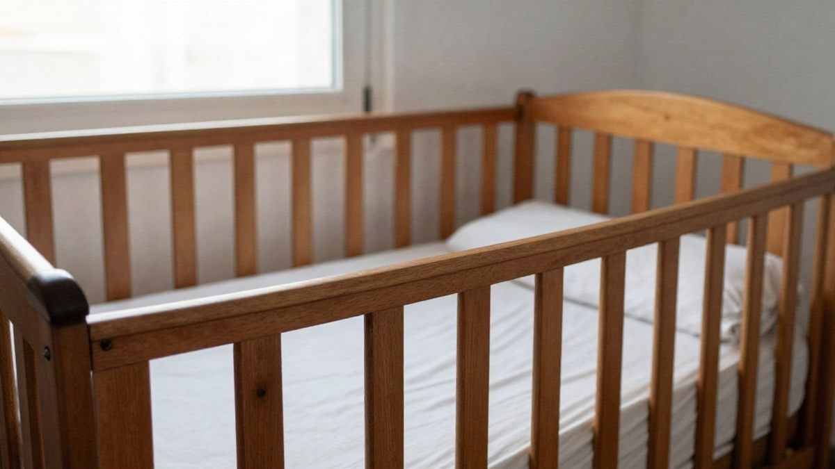 Imagen ilustrativa: detalle de una cuna de madera con ropa de cama blanca en una habitación neutra
