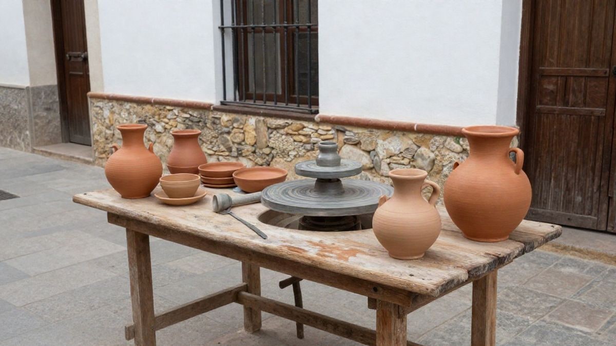 Imagen ilustrativa: mesa con piezas de cerámica y torno en un taller artesanal