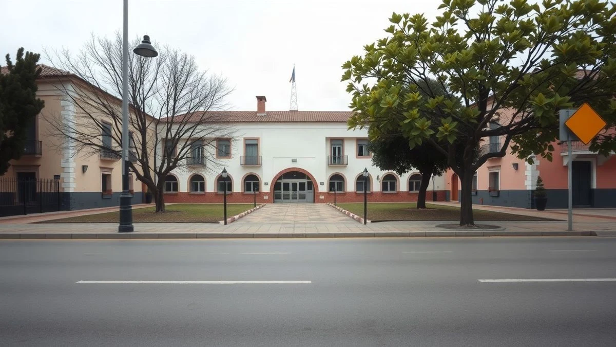 Imagen ilustrativa: edificio escolar municipal vacío con patio y árboles en un día nublado.