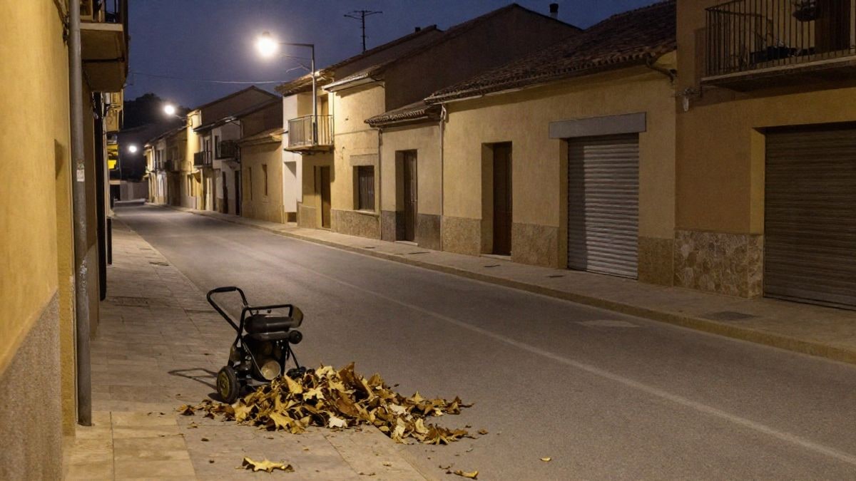 Imagen ilustrativa: sopladora de hojas en una calle de pueblo con luz artificial nocturna