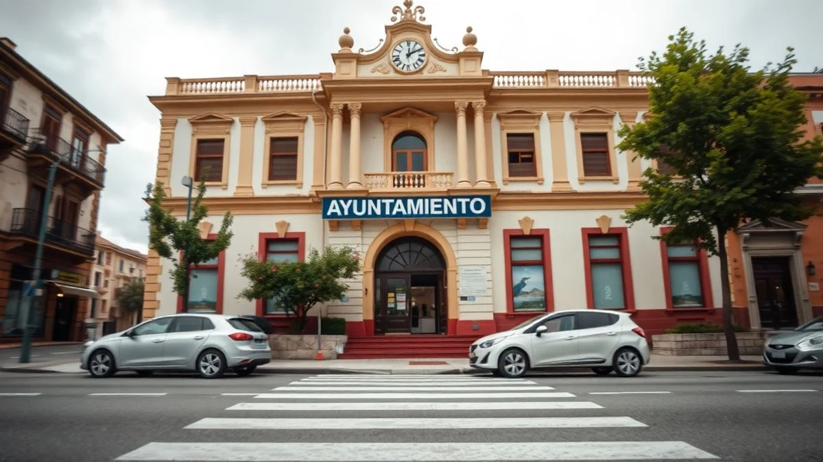 Imagen ilustrativa: fachada de un ayuntamiento genérico en un día nublado, con coches aparcados y un paso de peatones.