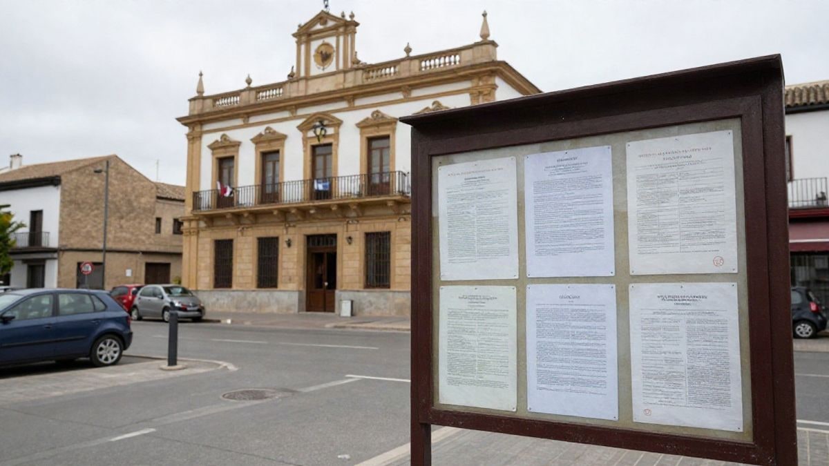 Imagen ilustrativa: un edificio consistorial con un tablón de anuncios en la fachada y coches aparcados en una calle.