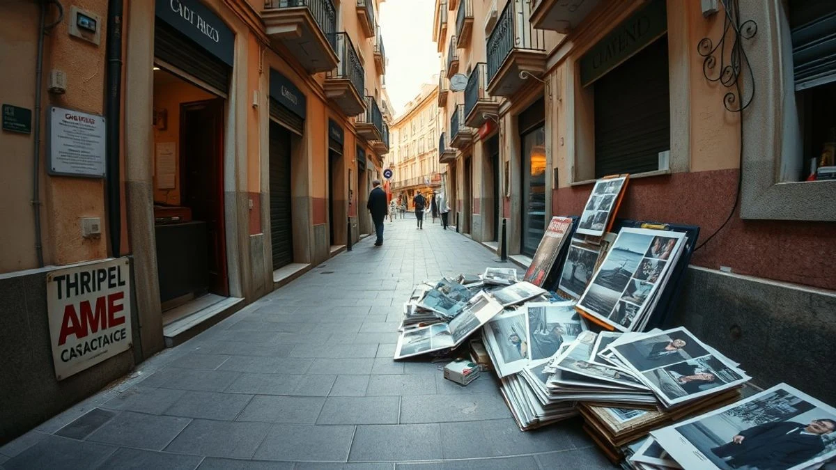 Imagen ilustrativa: cámara fotográfica sobre una mesa con copias impresas, al fondo un pueblo español con decoración festiva.