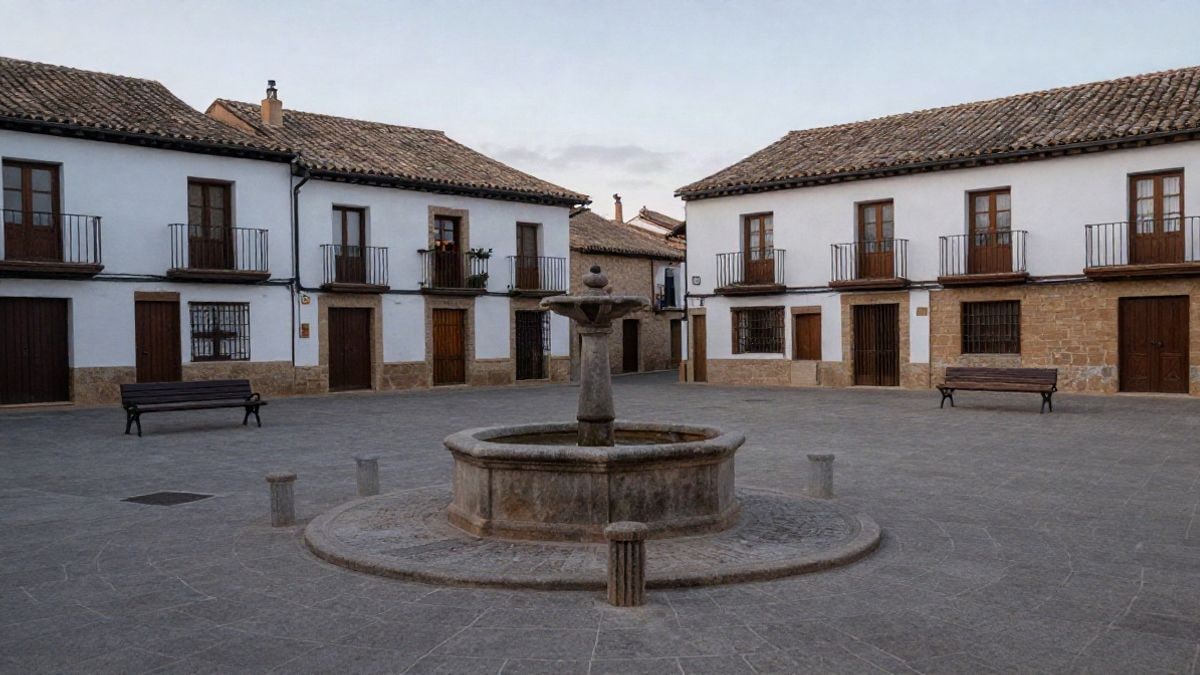 Imagen ilustrativa: una plaza de pueblo con una fuente de piedra y bancos al atardecer