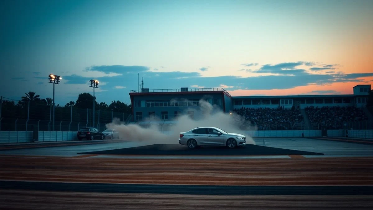 Illustrative image: a car performing a stunt on a ramp in an outdoor venue, with blurred audience in the background.