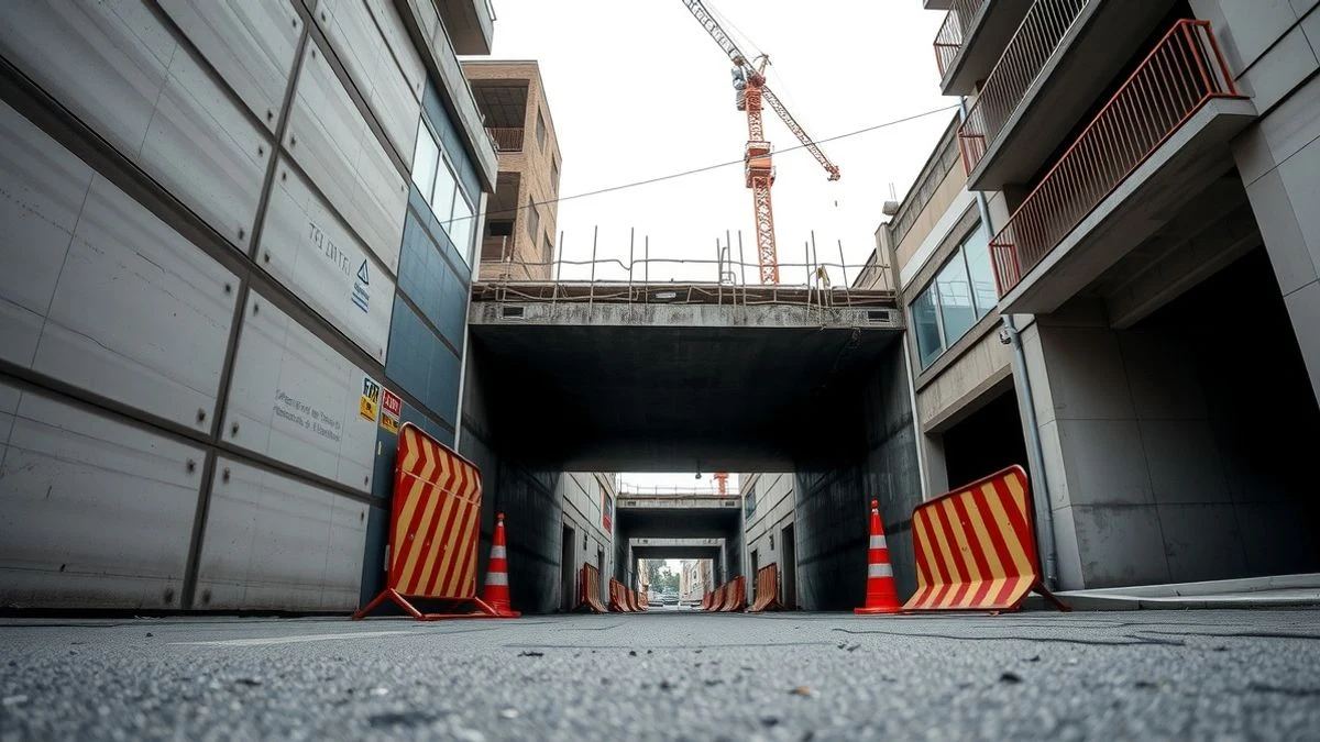 Illustrative image: construction of an underground passage with barriers and crane in the background, cloudy day.