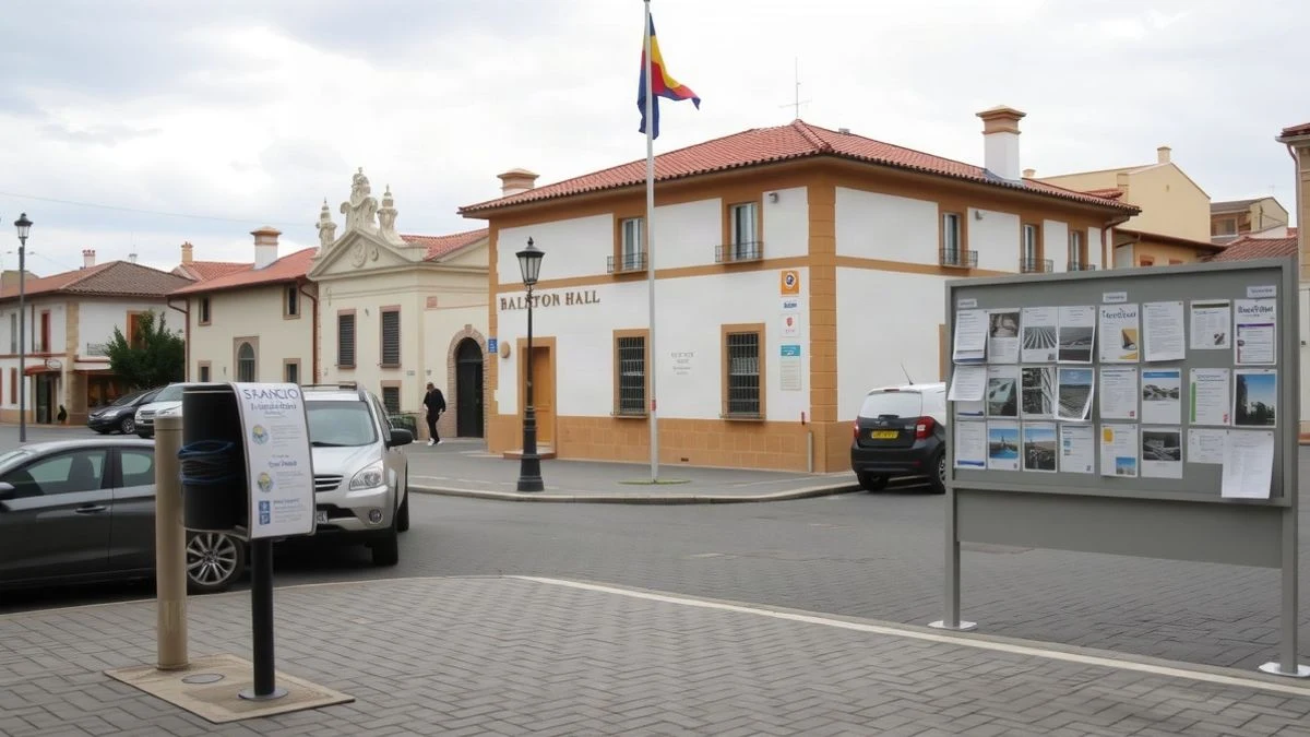 Illustrative image: a municipal notice board with official documents in a Spanish square.