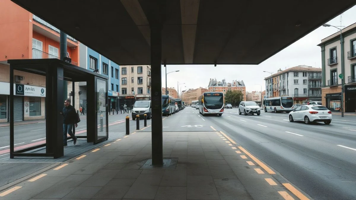 Imagen ilustrativa: parada de autobús con marquesinas nuevas y dársenas señalizadas en una avenida urbana