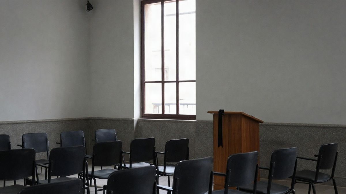 Imagen ilustrativa: interior de una sala municipal con sillas vacías y un crespón negro en un atril, iluminada por la luz lateral de una ventana