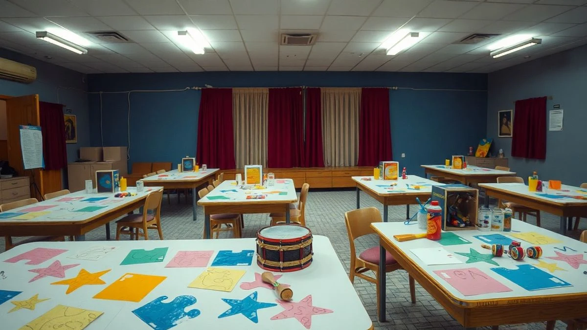 Imagen ilustrativa: sala de taller de arte infantil con mesas llenas de materiales y un telón de fondo, sin personas.