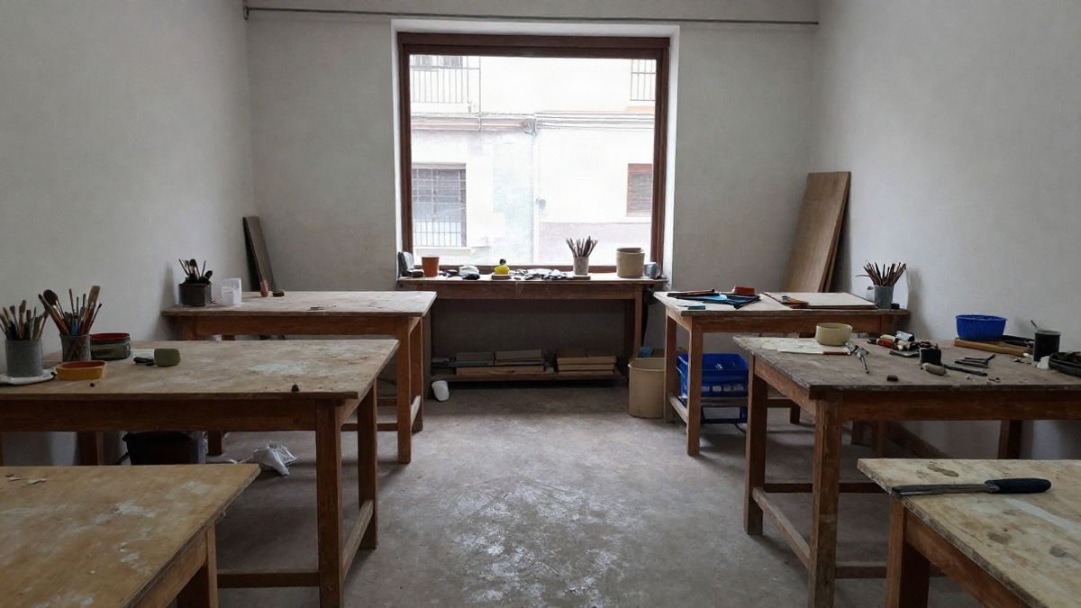 Imagen ilustrativa: un aula de taller con mesas de madera, materiales de arte y luz natural de ventana, sin personas.