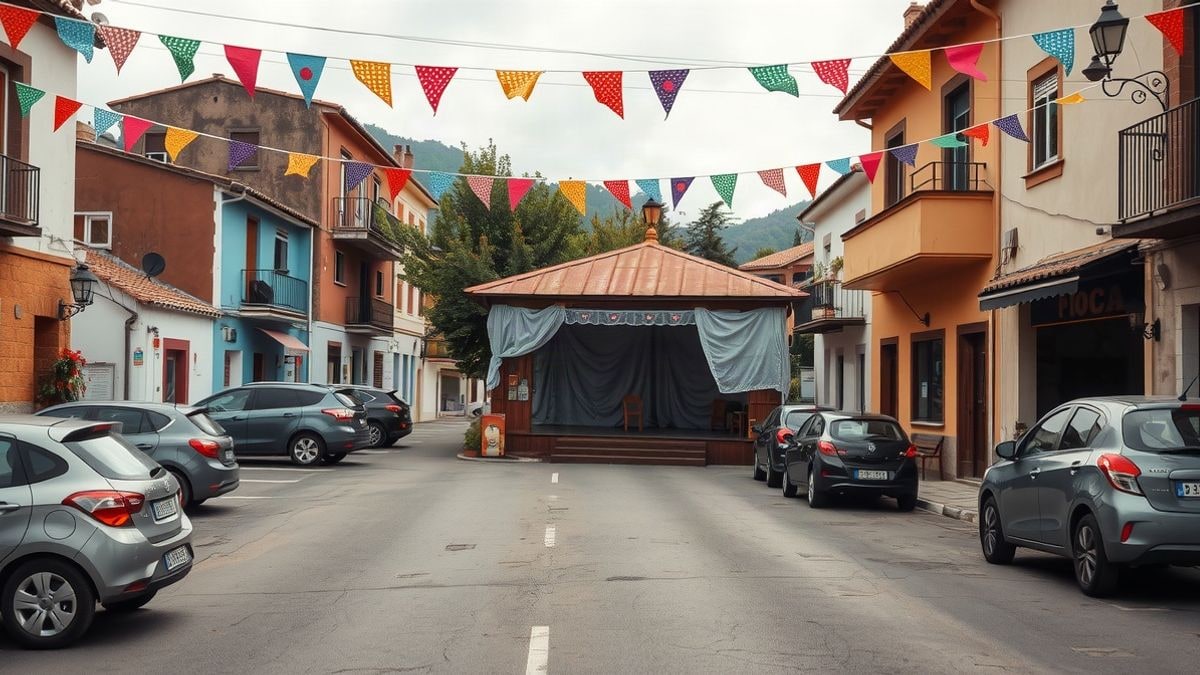 Imagen ilustrativa: plaza de un pueblo español engalanada con banderines y un pequeño escenario vacío.