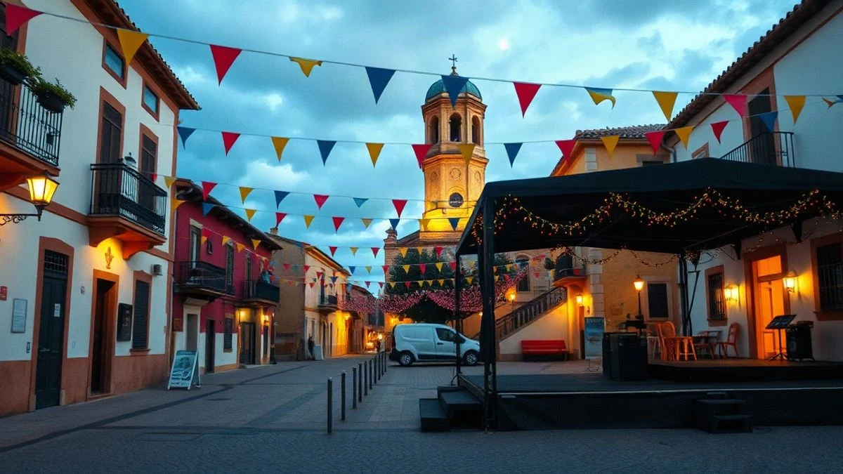 Imagen ilustrativa: plaza de un pueblo español engalanada con banderines y luces para unas fiestas patronales, con un escenario vacío al fondo.