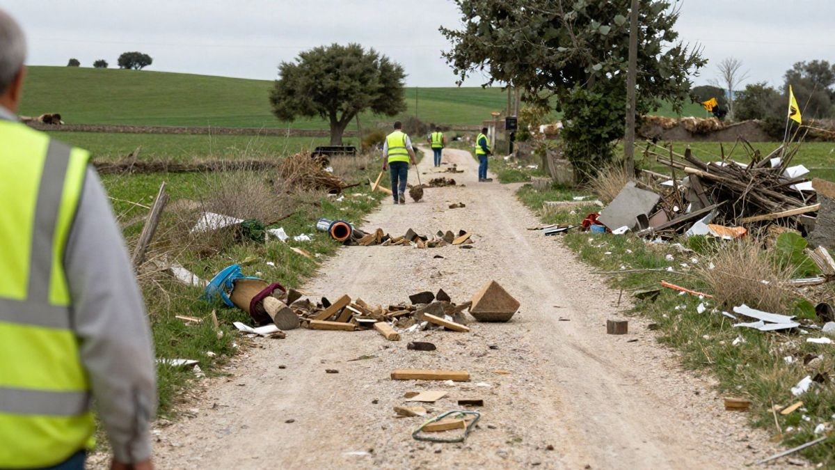 Imagen ilustrativa: un sendero rural con restos de materiales y trabajadores de limpieza al fondo, en un día nublado.