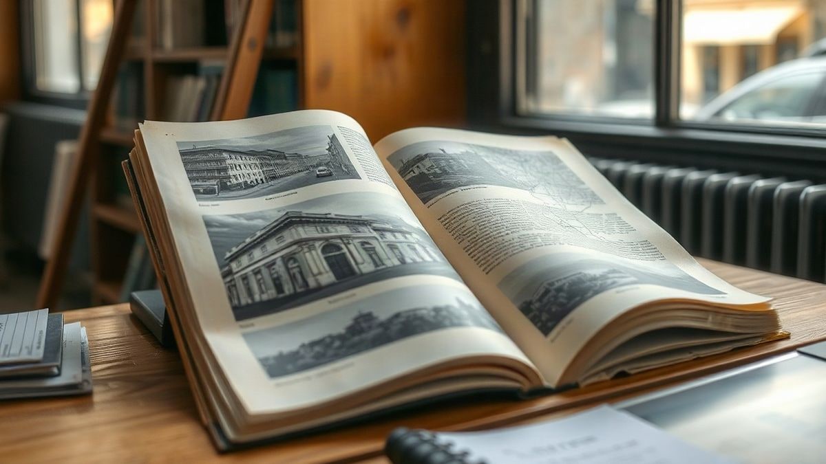 Imagen ilustrativa: un libro antiguo abierto con fotografías en blanco y negro sobre una mesa de biblioteca.