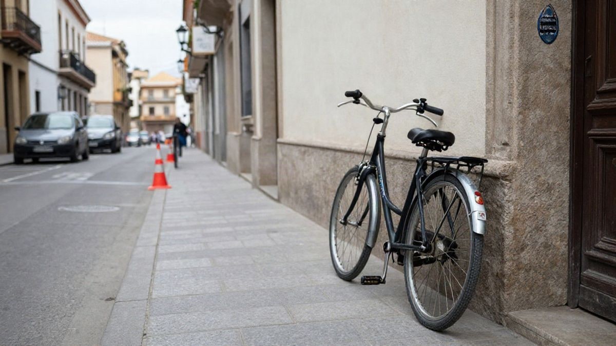 Imagen ilustrativa: una bicicleta apoyada en la pared de una calle peatonal con conos de tráfico, en un día nublado