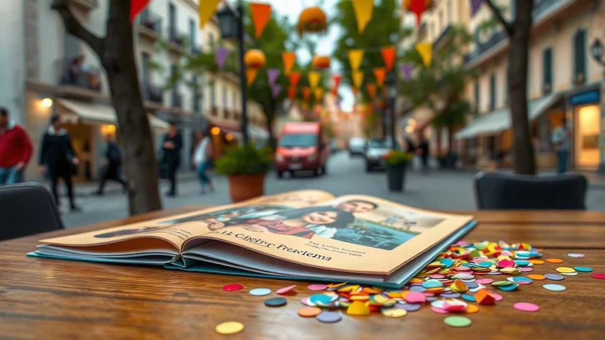 Imagen ilustrativa: programa de fiestas sobre una mesa con confeti y calle decorada al fondo