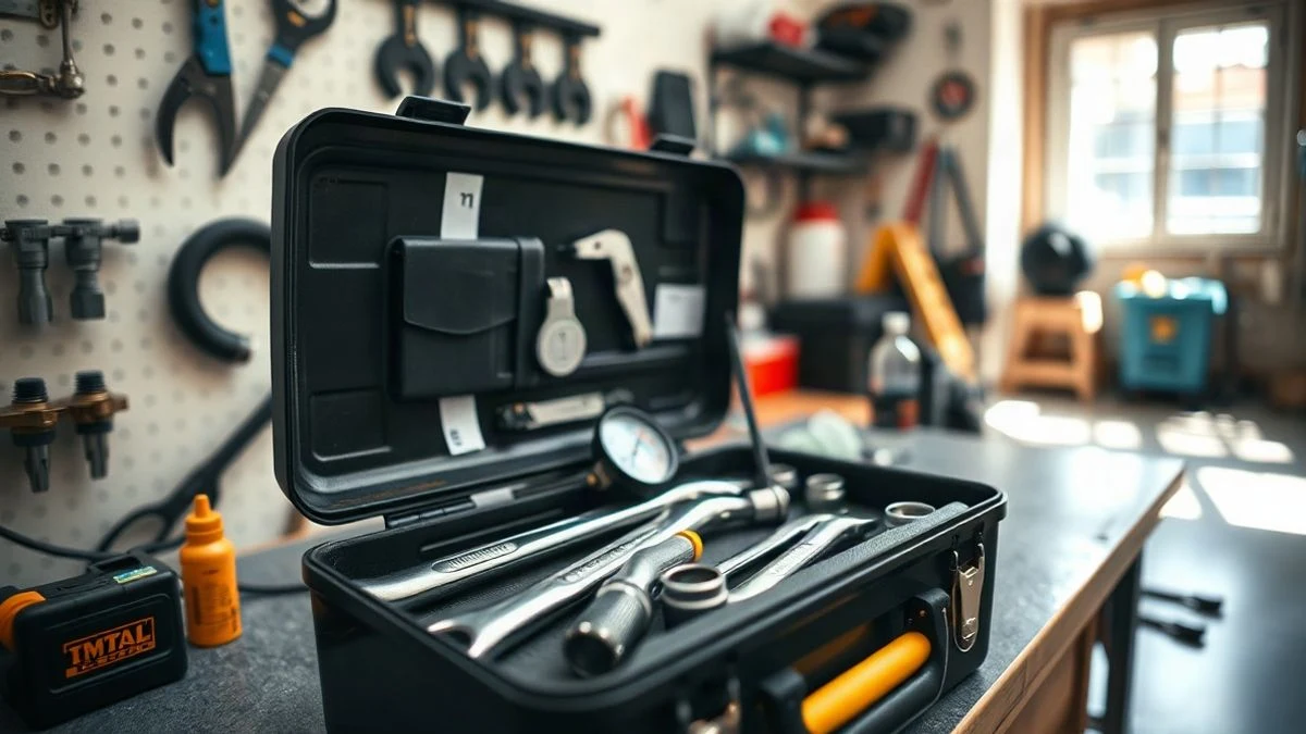 Illustrative image: an open plumbing toolbox on a workbench, with wrenches and pipe fittings.