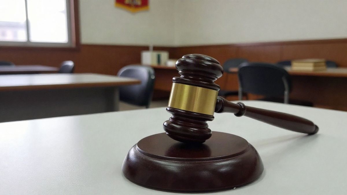 Imagen ilustrativa: primer plano de un mazo de madera sobre una mesa en una sala de justicia vacía