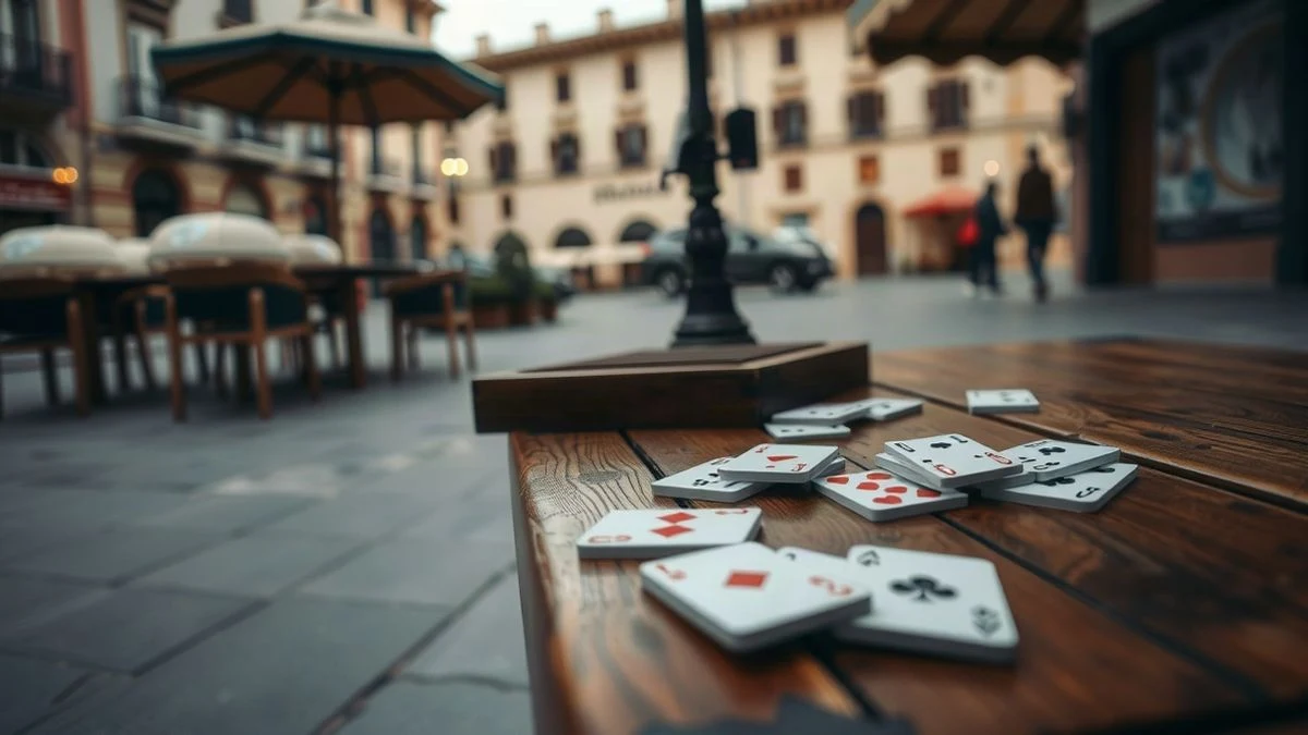 Imagen ilustrativa: una mesa de madera con cartas de mus y fichas, con un fondo de plaza al aire libre