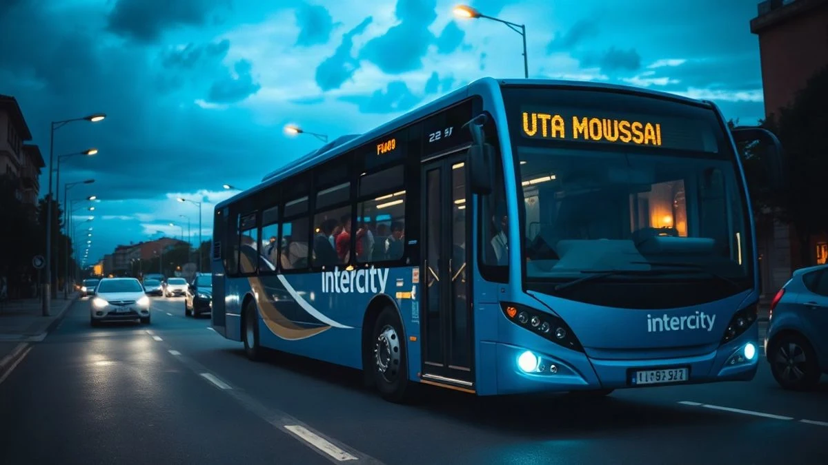 Imagen ilustrativa: un autobús interurbano circulando de noche por una carretera suburbana con farolas encendidas.
