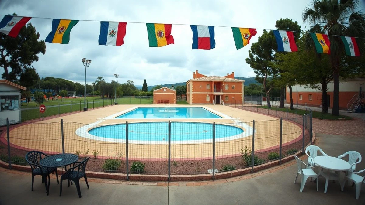 Imagen ilustrativa: complejo deportivo municipal con piscina y pista polideportiva, con banderines decorativos y ambiente veraniego.