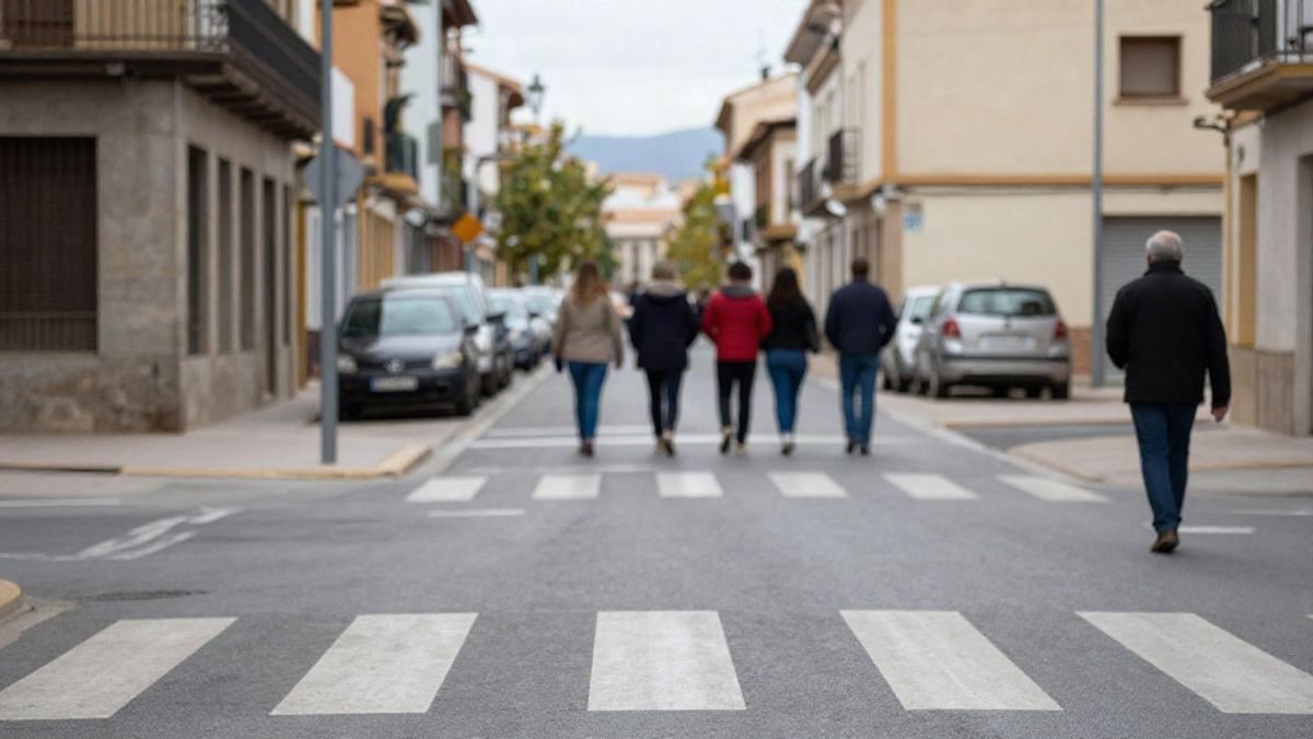 Imagen ilustrativa: paso de peatones con semáforo en rojo en una calle vacía de un pueblo español.