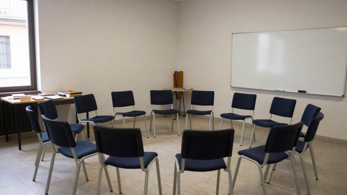 Imagen ilustrativa: sala de un centro juvenil municipal con sillas colocadas en círculo y una pizarra al fondo