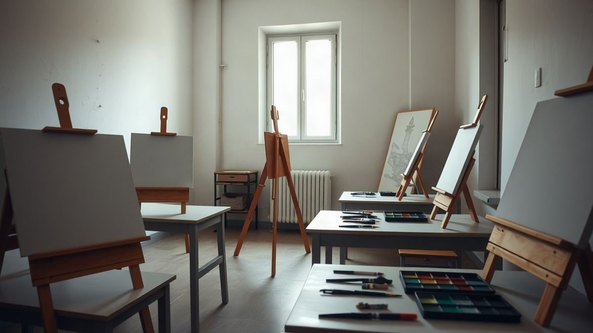 Imagen ilustrativa: una sala de talleres con caballetes y material de pintura sobre las mesas, a la luz del día