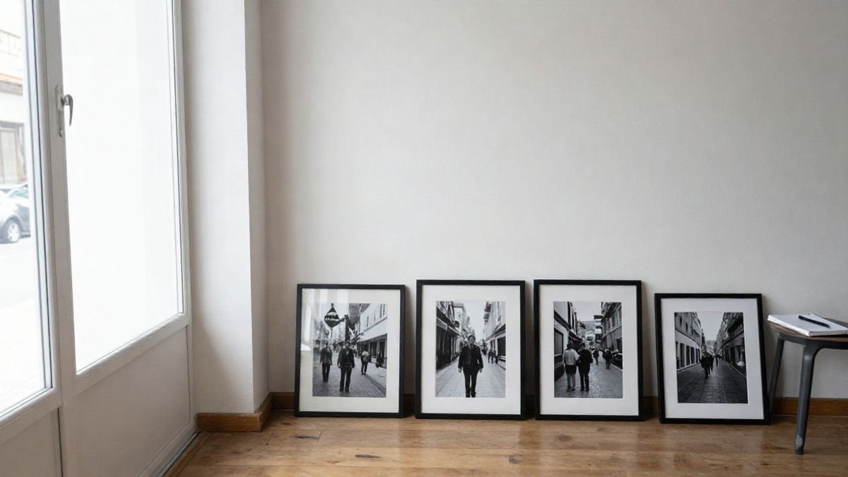 Imagen ilustrativa: fotografías enmarcadas apoyadas contra una pared con luz lateral de ventana