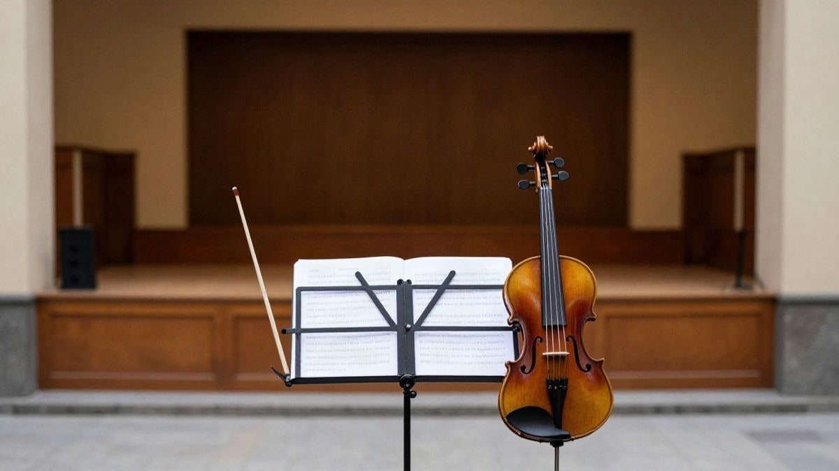 Imagen ilustrativa: un violín y una batuta sobre un atril con partituras en un auditorio vacío