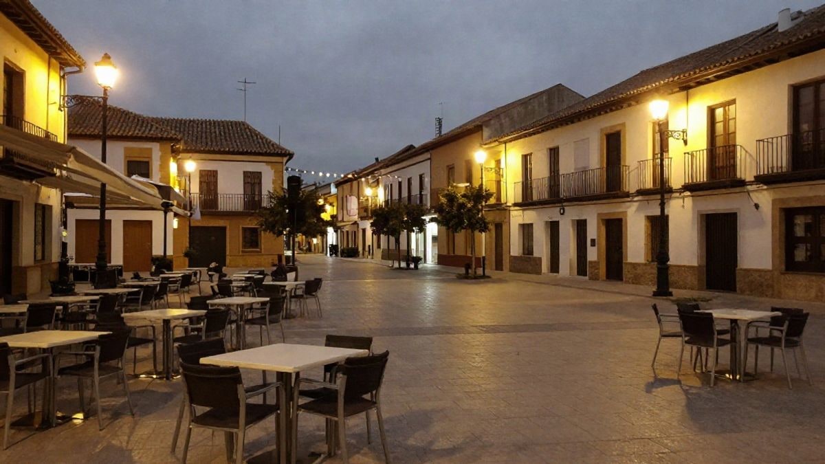 Illustrative image: square of a Spanish municipality lit by streetlights and night lights, with empty tables and chairs