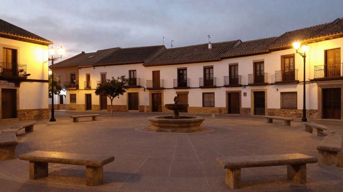 Imagen ilustrativa: plaza de un pueblo con farolas encendidas al anochecer