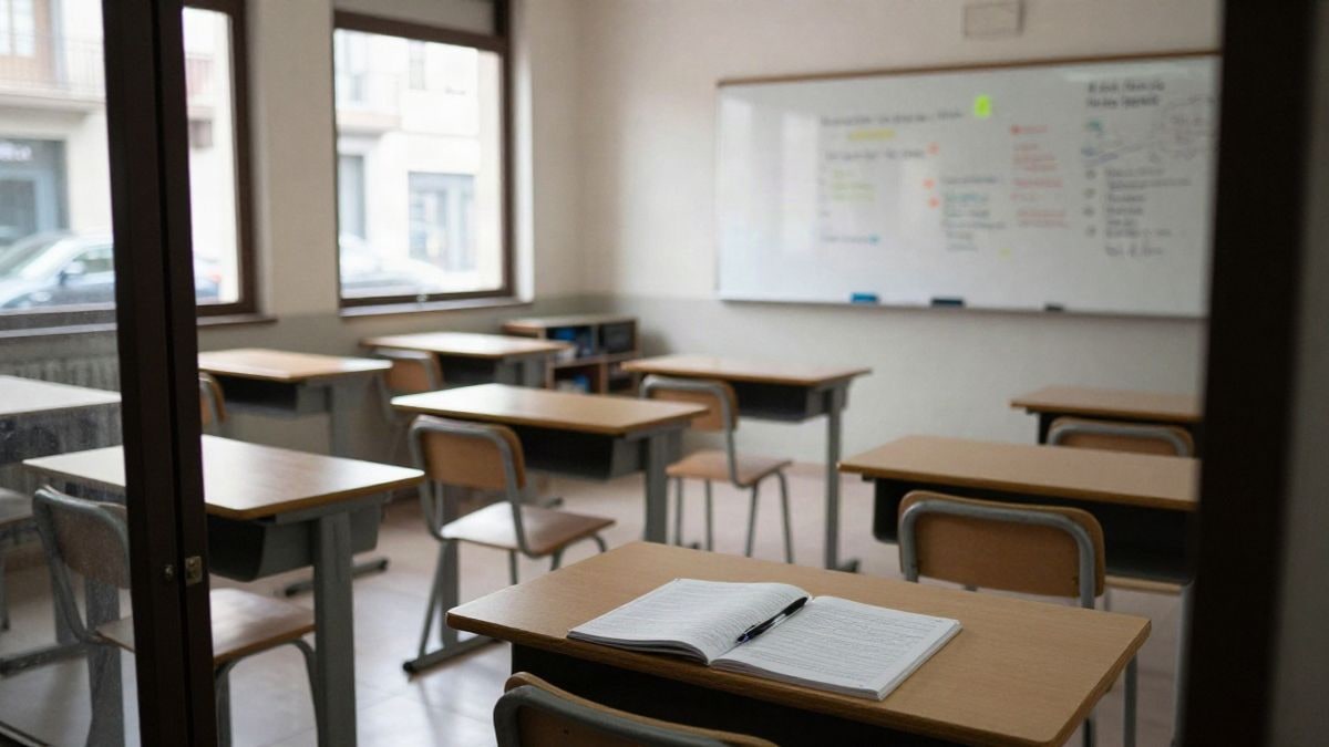 Imagen ilustrativa: aula de un centro de educación de adultos con pupitres vacíos y pizarra al fondo