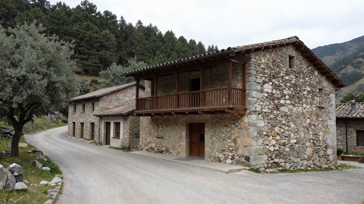 Imagen ilustrativa: edificio rural de piedra y madera en un entorno de montaña con bosques