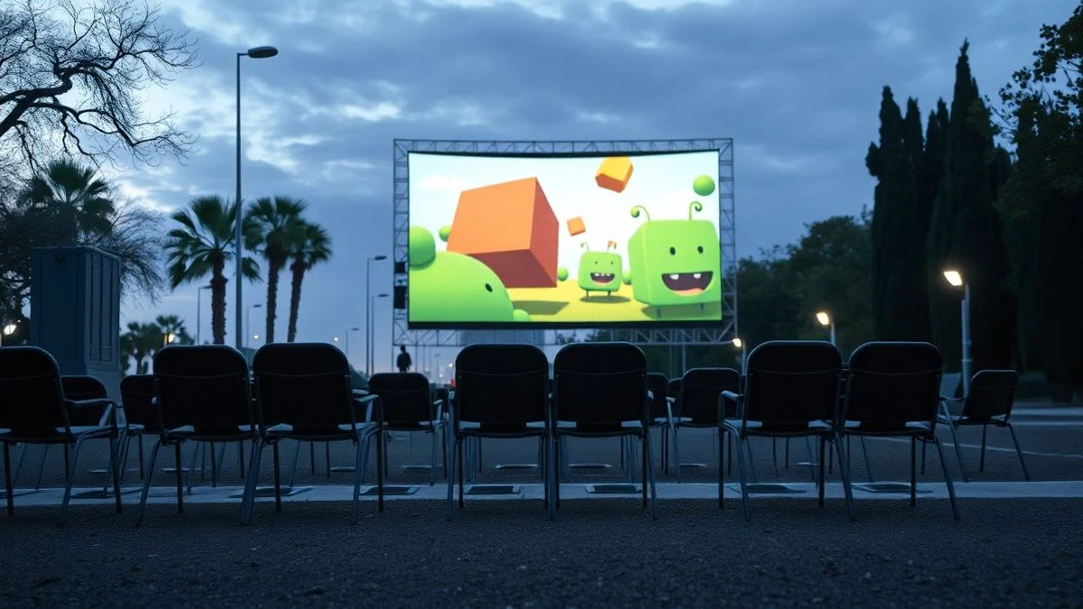 Imagen ilustrativa: pantalla de cine al aire libre en un parque con sillas vacías y una escena animada de cubos verdes.