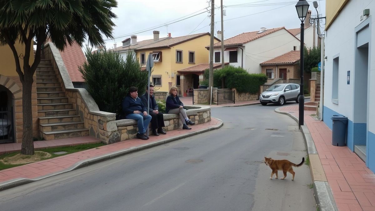 Imagen ilustrativa: gatos callejeros en una calle de un pueblo español con casas al fondo
