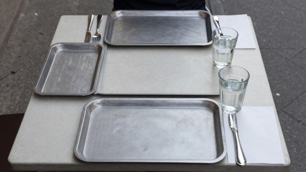 Imagen ilustrativa: vista cenital de una mesa de comedor escolar con bandejas vacías y cubiertos