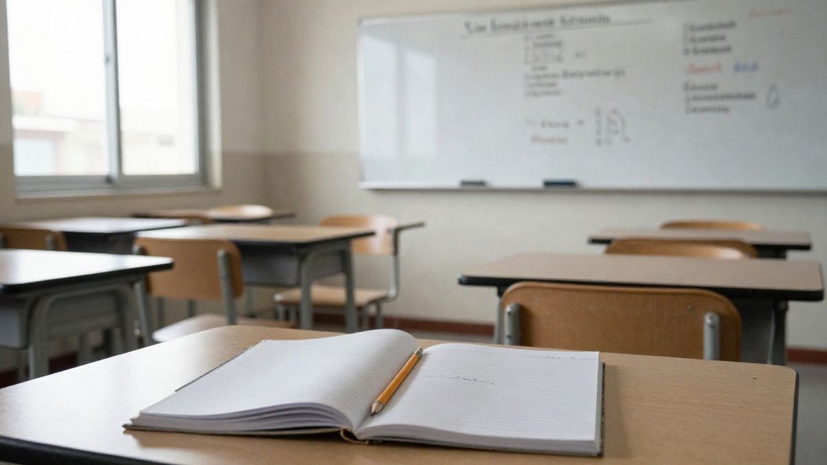 Imagen ilustrativa: un aula vacía con pupitres, una pizarra con anotaciones en inglés y un cuaderno abierto sobre una mesa.