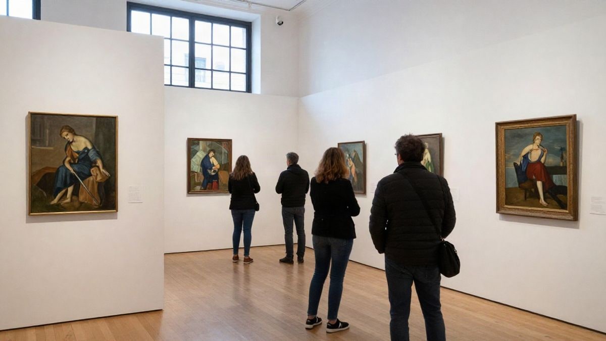 Imagen ilustrativa: sala de exposiciones con cuadros colgados en las paredes y luz natural de ventanas laterales.