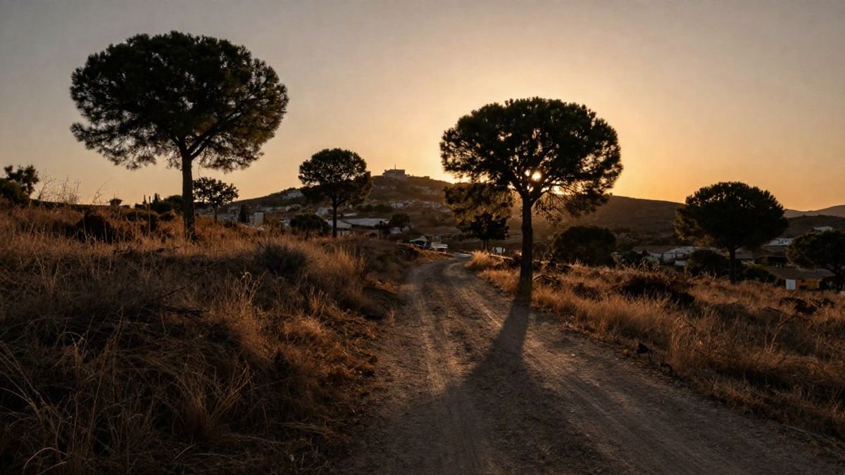 Illustrative image: hills with dry vegetation and dirt path at sunset