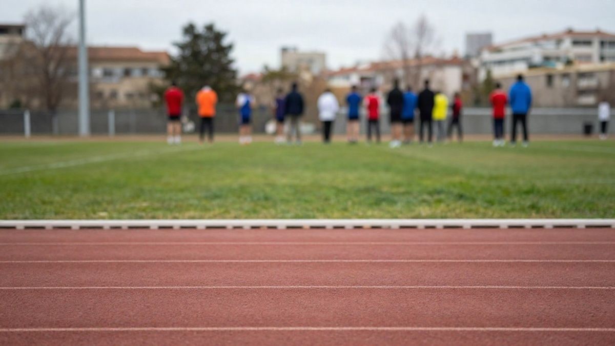 Imagen ilustrativa: pista de atletismo al aire libre con niños corriendo en la distancia, en un día nublado.