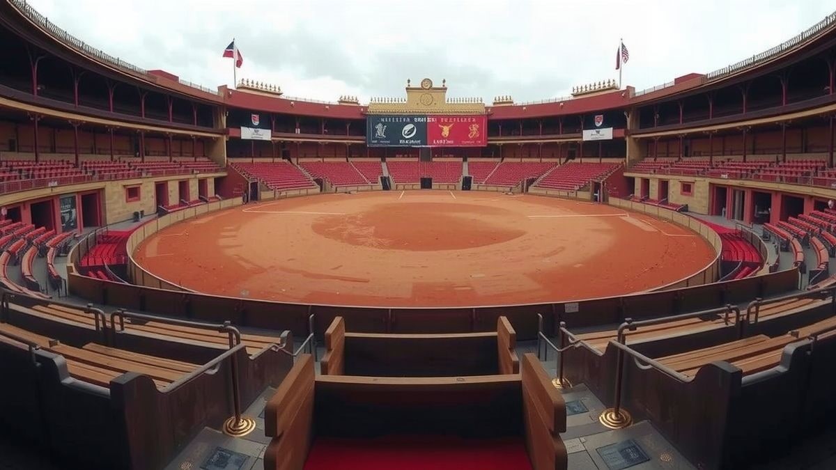 Imagen ilustrativa: una plaza de toros pequeña y vacía, con barreras de madera y arena, bajo un cielo nublado.