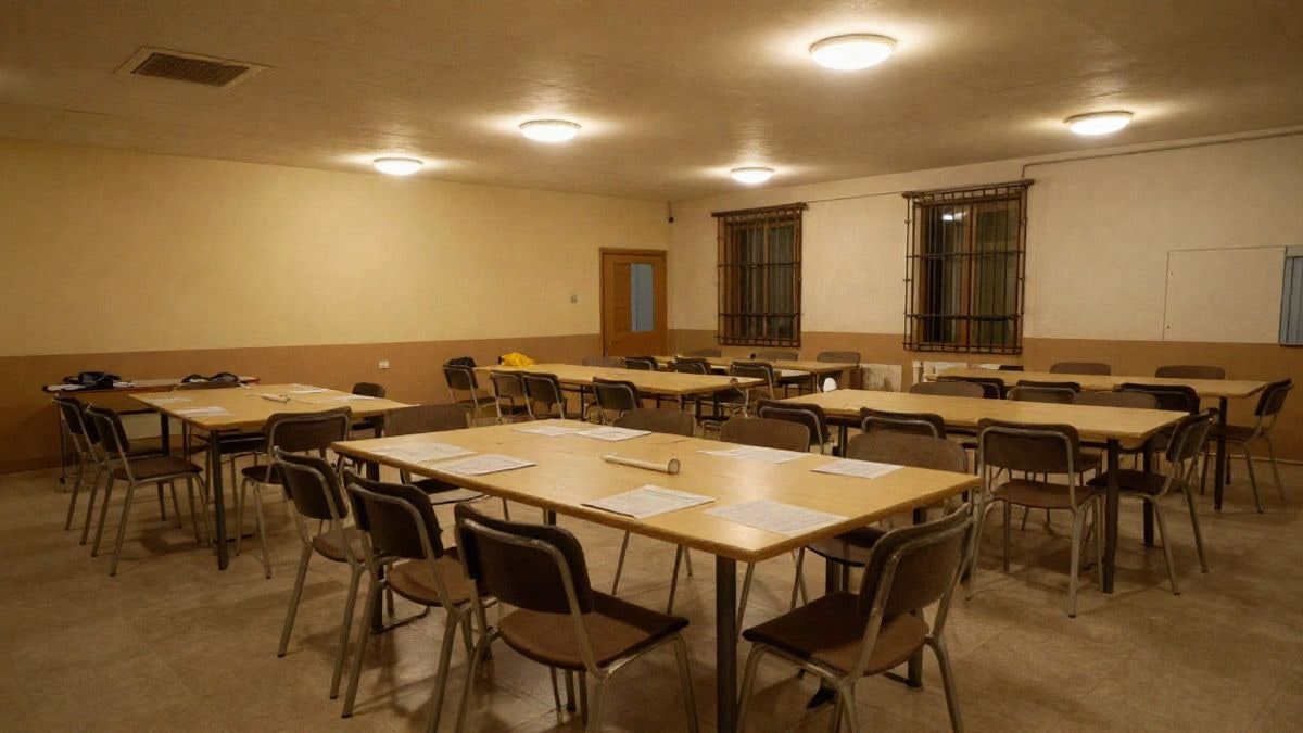 Imagen ilustrativa: sala de reuniones municipal vacía con sillas y mesa iluminada por luz artificial