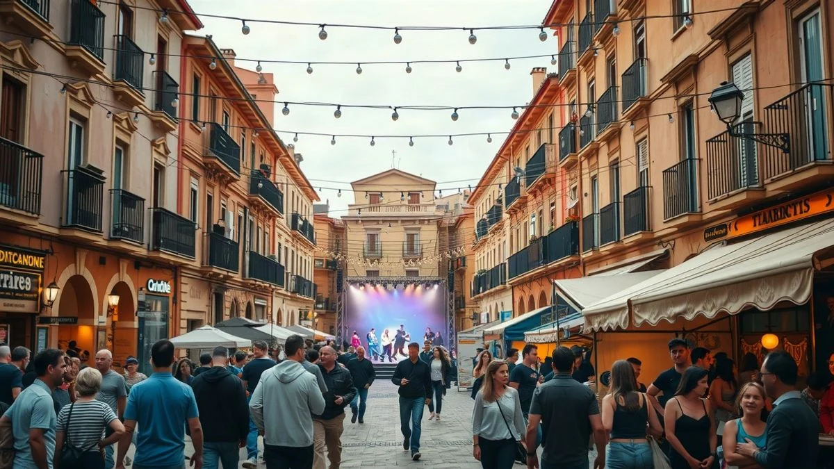 Imagen ilustrativa: plaza española con luces festivas y ambiente de feria, sin personas reconocibles
