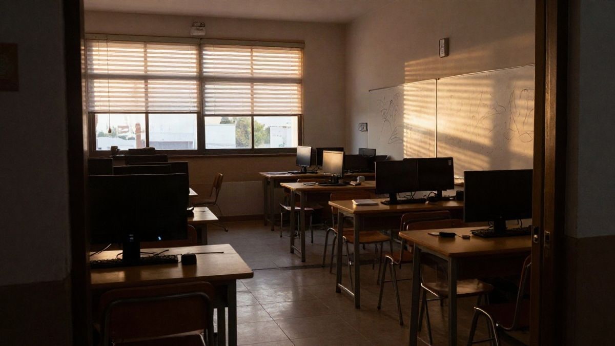 Imagen ilustrativa: aula genérica con ordenadores apagados y luz de atardecer entrando por la ventana